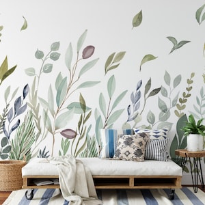 Botanical Watercolor Wallpaper - Floral Wall Art Mural - Peel and Stick Wallpaper-C559