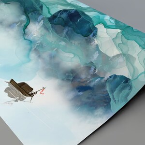 May include: Abstract watercolor painting of a boat sailing through a blue and green landscape. The painting has a soft, ethereal feel and is perfect for adding a touch of serenity to any room.