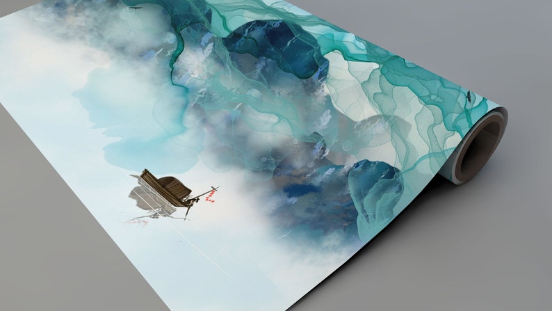 May include: Abstract watercolor painting of a boat sailing through a blue and green landscape. The painting has a soft, ethereal feel and is perfect for adding a touch of serenity to any room.