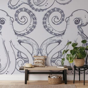 Octopus Nautical Wallpaper Mural | Underwater  Sea Creature Peel and Stick Wallpaper-C451