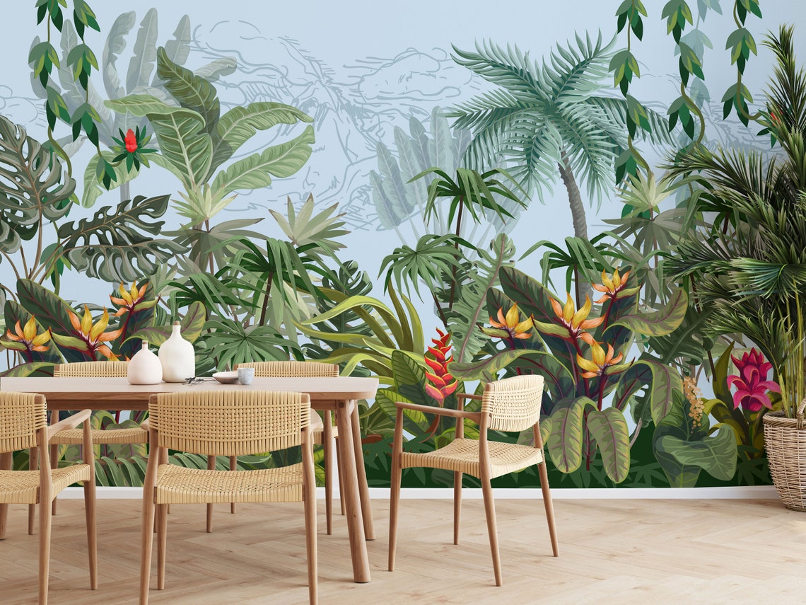 Peel and Stick Wallpaper Jungle Mural Wallpaper With Green Etsy