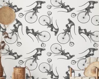 Peel and Stick wallpaper Cute Hand Drawn Monkey Wallpaper Self Adhesive Removable Monkey on bike Wall Mural 29 Wallart
