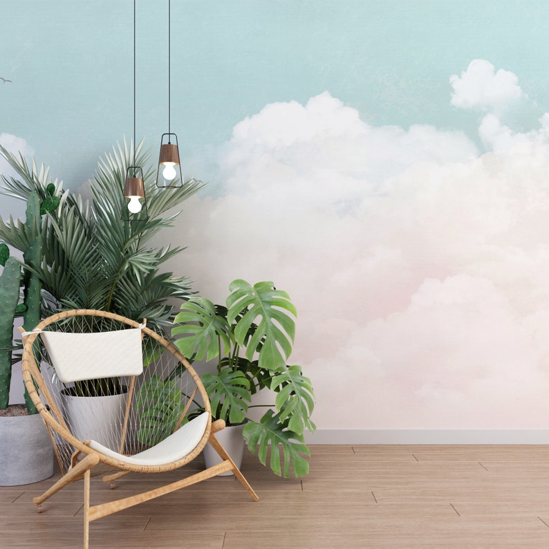 Sky and pink wall mural, soft and calming, perfect for creating a serene atmosphere, peel and stick
