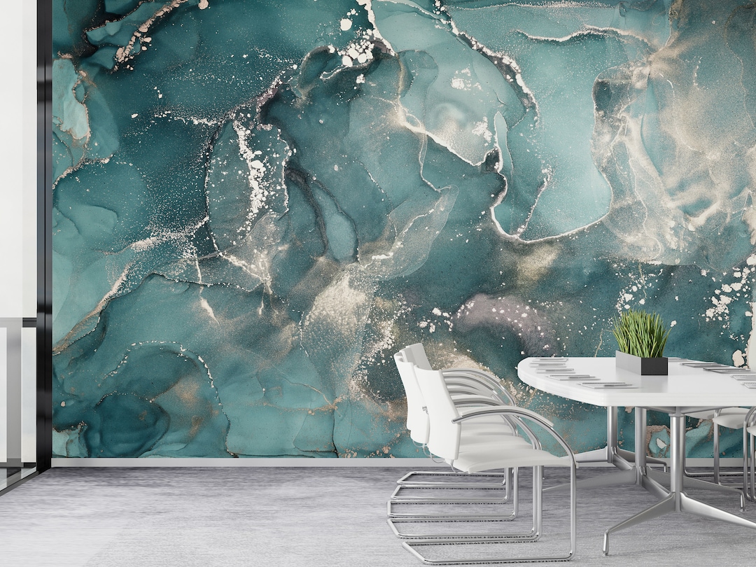 Abstract Teal Colored Marble Texture Wallpaper Peel and Stick