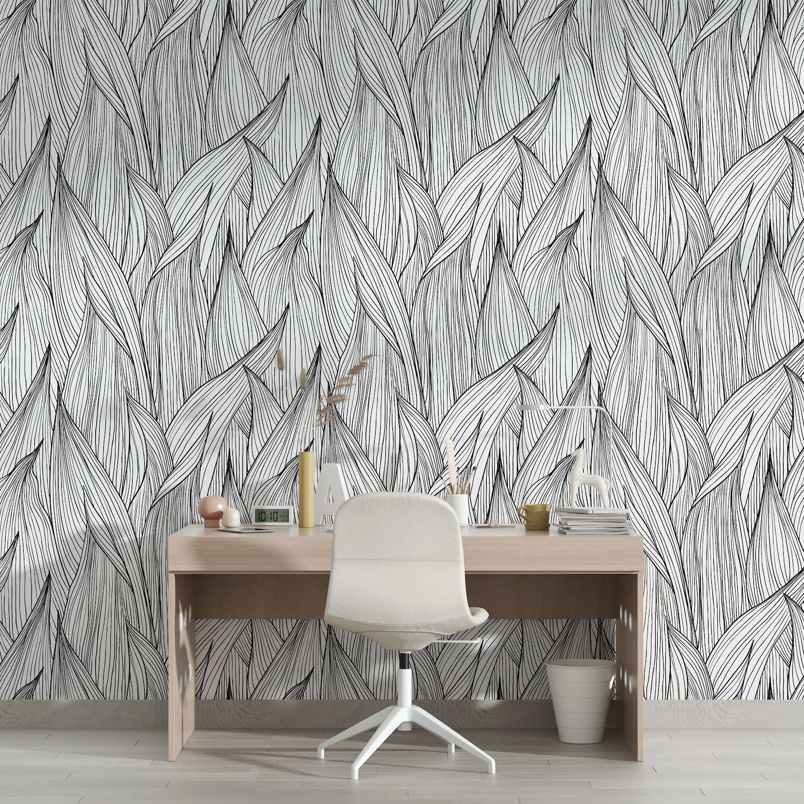 PAPIER PEINT ADHESIF FEUILLES NOIR ET BLANC DANS UN BUREAU BOIS
