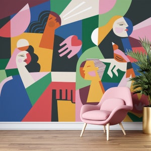 Carta da parati murale astratta colorata - Carta da parati murale con forme geometriche vibranti per l'arredamento moderno della casa
