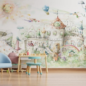 Enchanting Fairy Tale Town & Magic Tree Wall Mural - Handcrafted Wall Decor - Whimsical Kids Room Wallpaper Mural