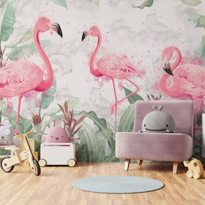 Flamingos Removable Wallpaper Mural Tropical Plants Peel & Stick light Colors in a Watercolor Style wallpaper by 29 Wallart