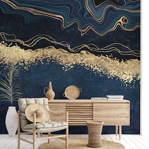 Blue Marble Peel  and Stick Wallpaper Abstract Dark Blue Golden Foil Wallpaper Mural, Artificial Stone wallpaper by 29 Wallart