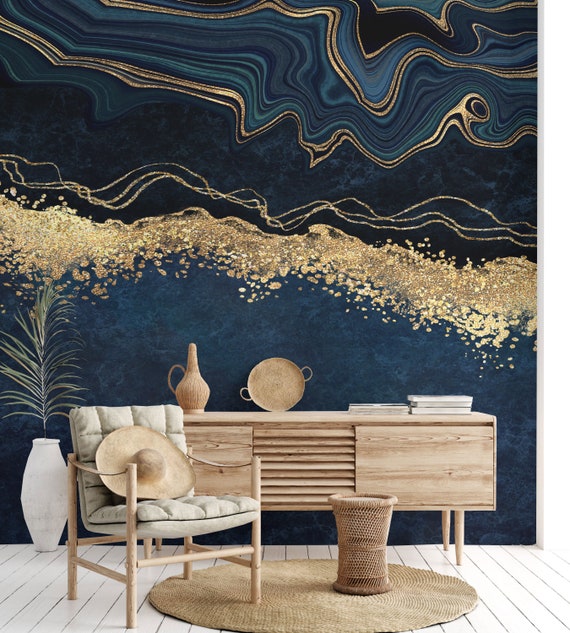 Blue Marble Peel and Stick Wallpaper Abstract Dark Blue Golden - Etsy
