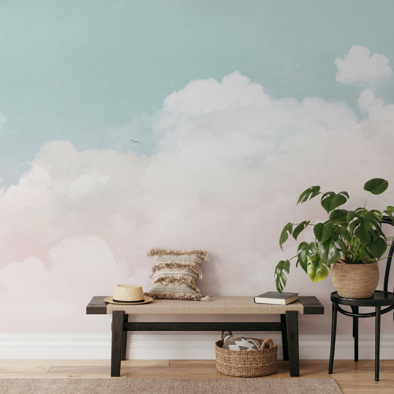 Serene pastel cloud wallpaper, easy to apply peel and stick, dreamy pink and blue sky design