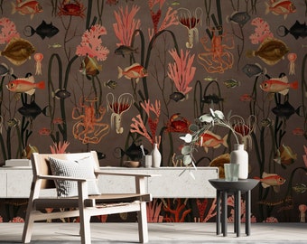 Papel de parede de vida marinha: peixes, mural de recife de coral (descasque e cole)