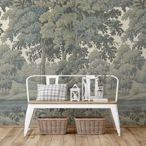 Nature-inspired peel and stick wallpaper mural with lush green scenery for bedrooms and living spaces.
