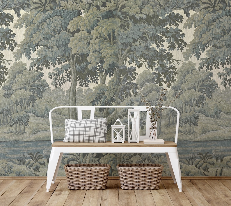 Nature-inspired peel and stick wallpaper mural with lush green scenery for bedrooms and living spaces.