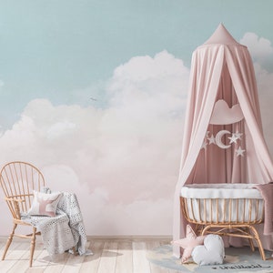 Pink and blue cloud wallpaper mural, soft pastel colors, peel and stick for nurseries and bedrooms
