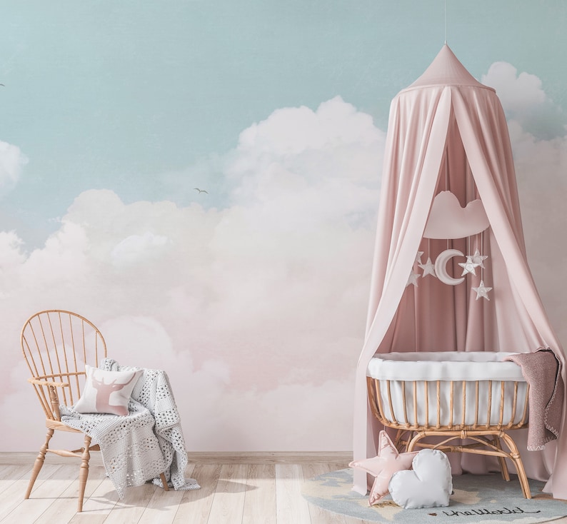 Pink and blue cloud wallpaper mural, soft pastel colors, peel and stick for nurseries and bedrooms