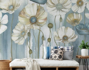 Watercolor Floral Wallpaper Mural: Blue & White Flowers, Peel and Stick
