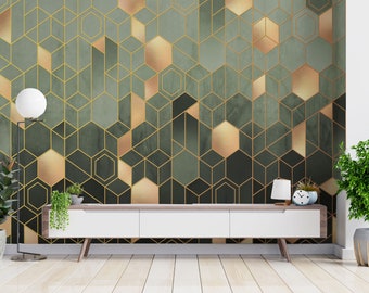 Geometric Hexagons Wall paper - Green Tones - Gold Hexagonal - Peel and Stick - Wallpaper Mural - Marble Wall Murals by 29 Wallart