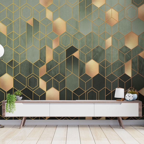 Geometric Hexagons Wall paper - Green Tones - Gold Hexagonal - Peel and Stick - Wallpaper Mural - Marble Wall Murals by 29 Wallart
