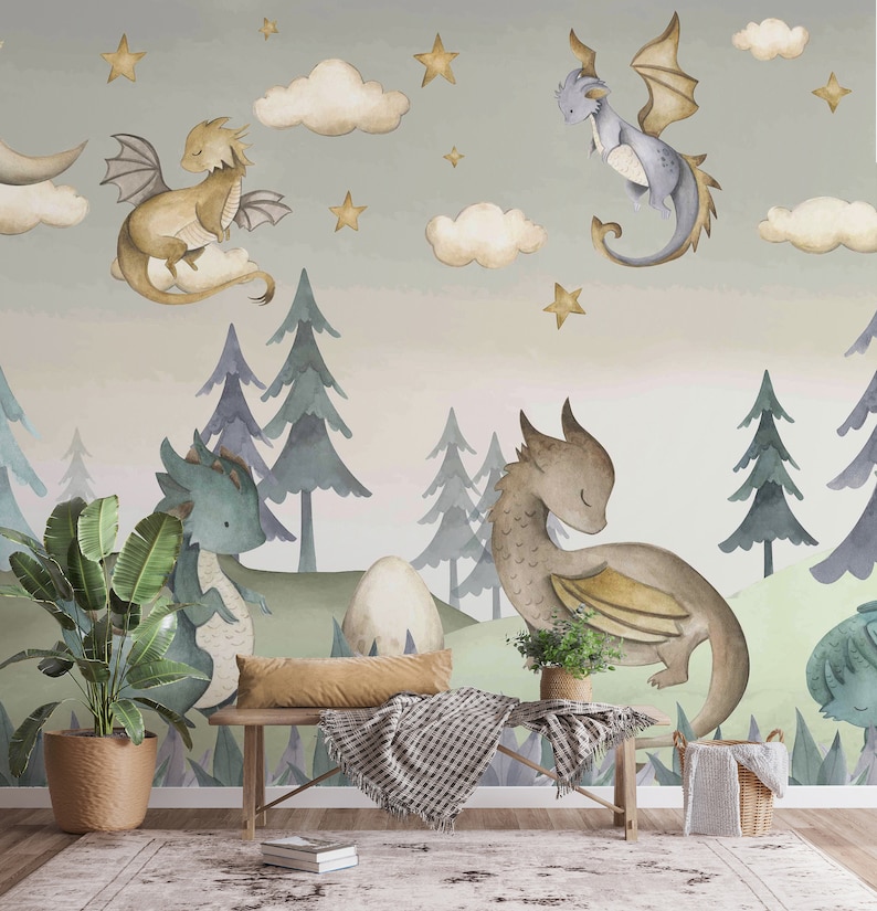 Enchanted Dragons Wallpaper Mural: Whimsical Nursery Decor (peel and ...