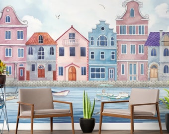 Charming Coastal Town Peel and Stick Wallpaper - Watercolor Wallpaper Mural - Living Room Wallpaper