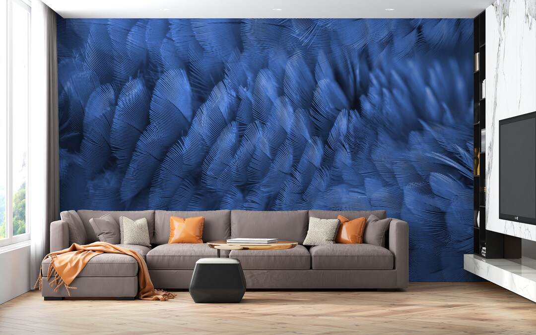 Dark Blue Wallpaper Feathers Removable Peel and Stick Self Adhesive Modern Wallpaper for Living