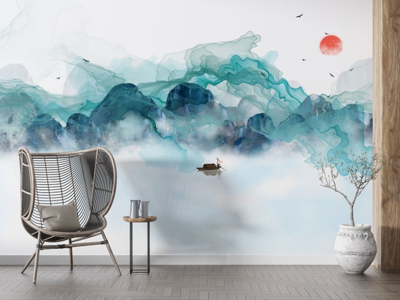 Foggy Mountain Sunset Mural Wallpaper: Flying Birds Peel & Stick