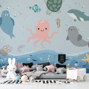 Animal Wallpaper: Cute Sea Life Mural - Peel and Stick Wallpaper for Kids Room-C458