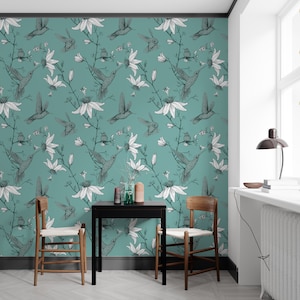 Removable Wallpaper Flowers and Birds Peel and Stick Wallpaper, Hummingbirds and Flowers, Retro style, Nature Wall Sticker by 29 Wallart