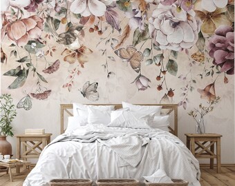 Watercolor Floral and Bird Artwork with Butterflies Mural - Botanical Wallpaper - Flower Wallpaper - Bedroom Wallpaper