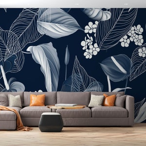 Anthurium Blue Flowers Leaves Mural Peel & Stick Tropical Palm Leaves ...
