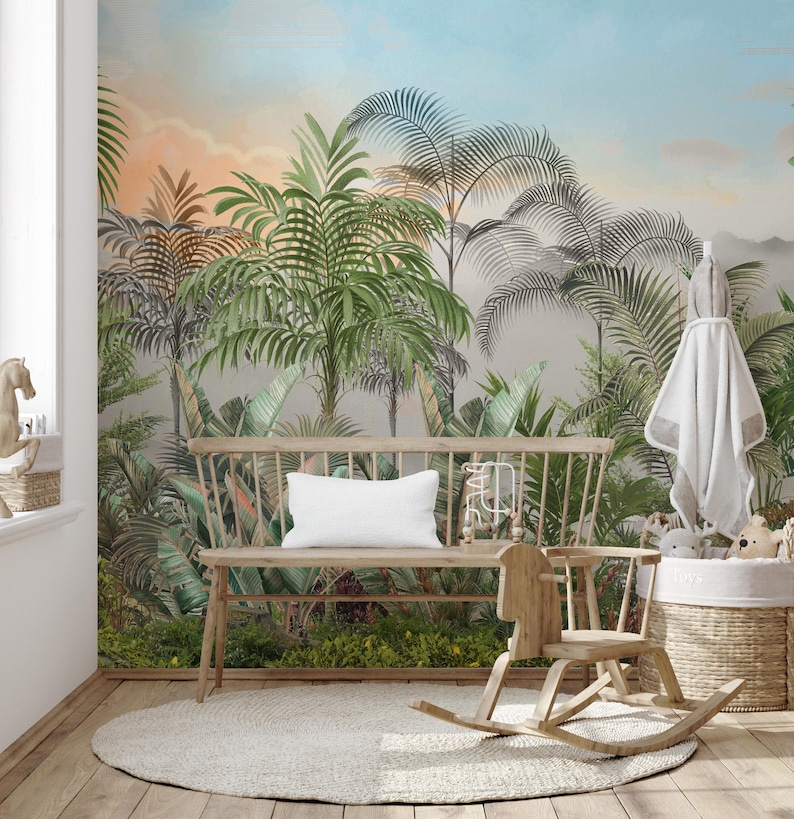 Exotic Tropical Jungle Wallpaper | Green Peel and Stick Mural-c479 - Etsy