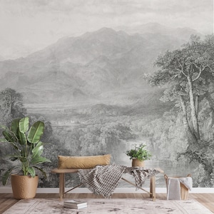 Vintage Black & White Landscape Wall Mural - Timeless Monochrome Wallpaper for Home Decor B690