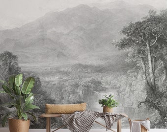 Vintage Black & White Landscape Wall Mural - Timeless Monochrome Wallpaper for Home Decor B690