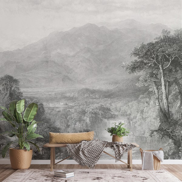 Vintage Black & White Landscape Wall Mural - Timeless Monochrome Wallpaper for Home Decor B690