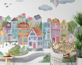 Pastel Town Wallpaper Mural: Whimsical Kids Room Decor