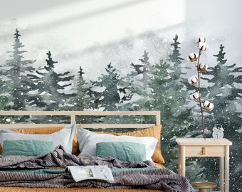 Watercolor Forest Wallpaper Mural - Nature Scene Evergreen Peel and Stick Wallpaper
