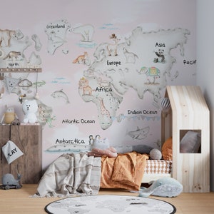 Rosa Tapete - Weltkarte Wandkunst für Kinderzimmer - Tapete zum Abziehen und Aufkleben - C217