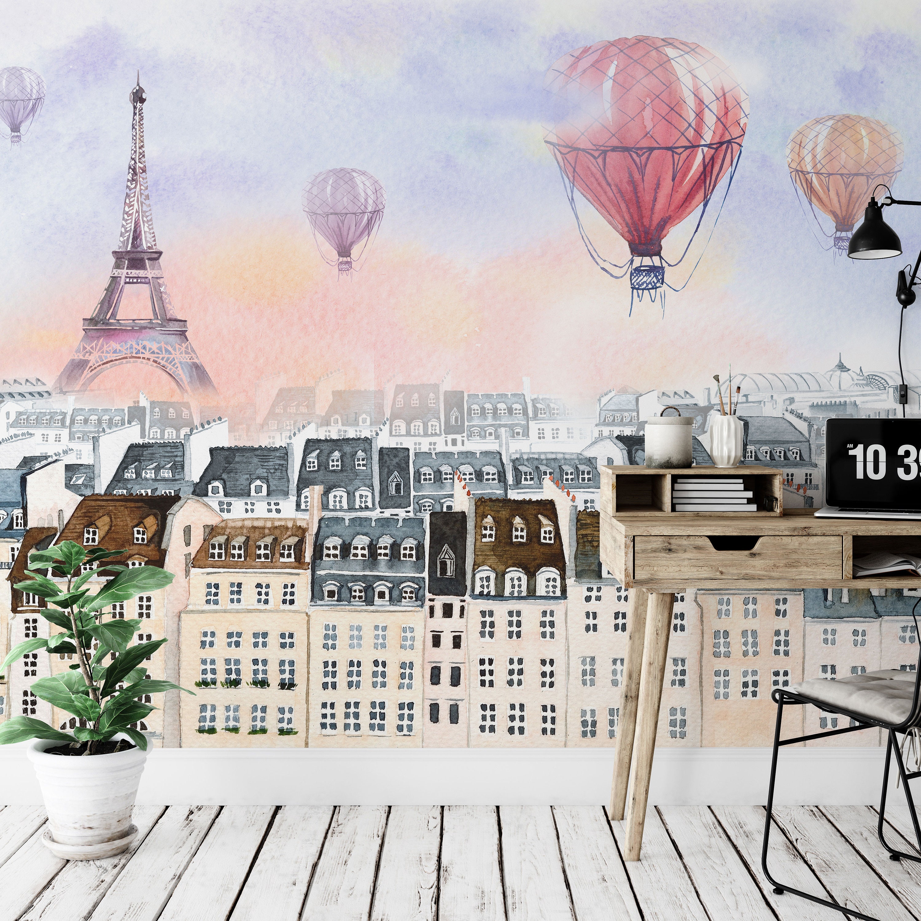 Paris With Hot Air Balloon Mural Wallpaper 29wallart - Etsy Paris With Hot Air Balloon Mural Wallpaper 29wallart - Etsy