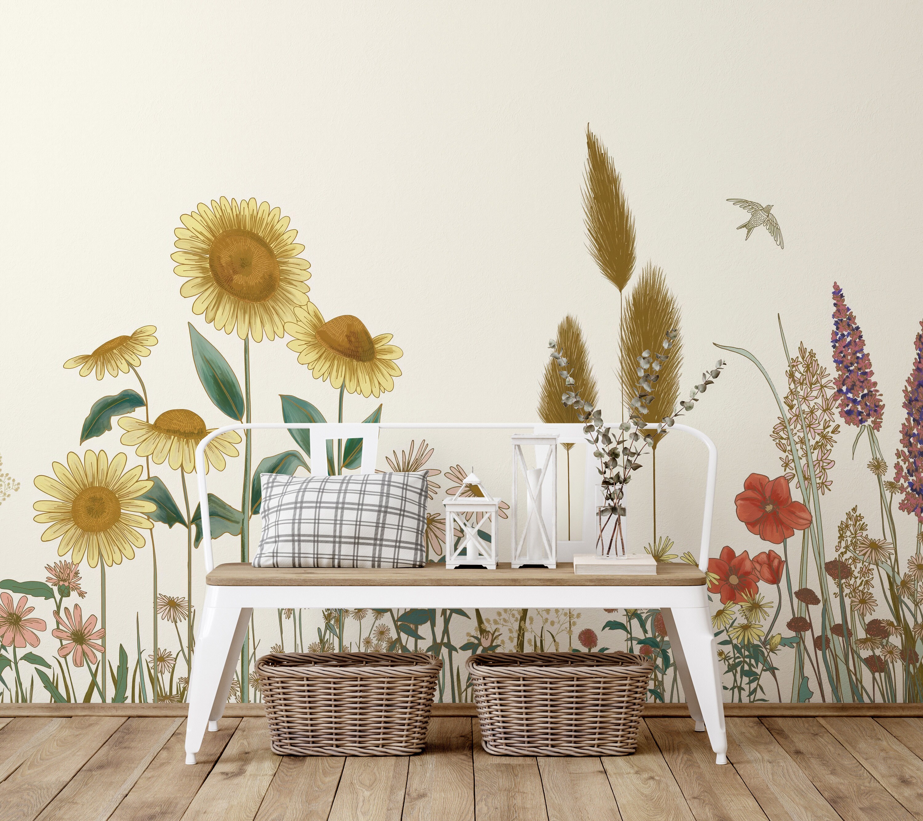 Artistic Wildflower Meadow Wallpaper - Peel and Stick Sunflower & Poppy ...
