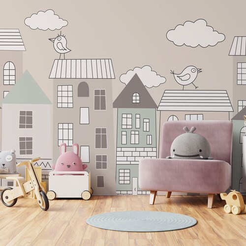 Children Wallpaper Cute Houses Removable Wallpaper Peel and Etsy