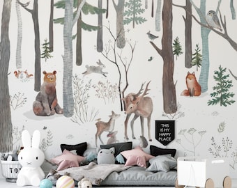 Enchanted Forest Animals Wall Mural - Removable Wallpaper- Kids Room Wallpaper - Whimsical Woodland Creatures Design