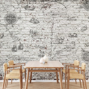 Vintage Sea Map and Rough White Brick Wallpaper - Nautical Chart Decor for Walls - Rustic Textured Brick Wall Covering B693