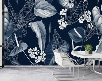 Botanical Nature Wallpaper Mural - Blue Peel and Stick Wallpaper for Home Decor
