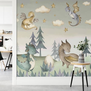 Enchanted Dragons Peel and Stick Wallpaper Mural - Whimsical Fantasy Removable Wallpaper for Nursery and Kids Room Decor
