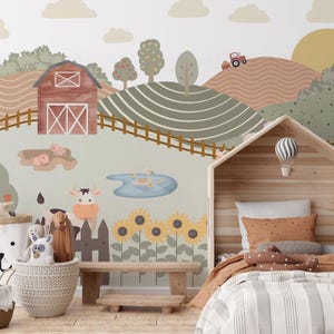 Kids Room Cartoon Farmhouse Wallpaper Mural - Adorable Barnyard Animal Wall Decor - Perfect for Nursery and Playroom B757