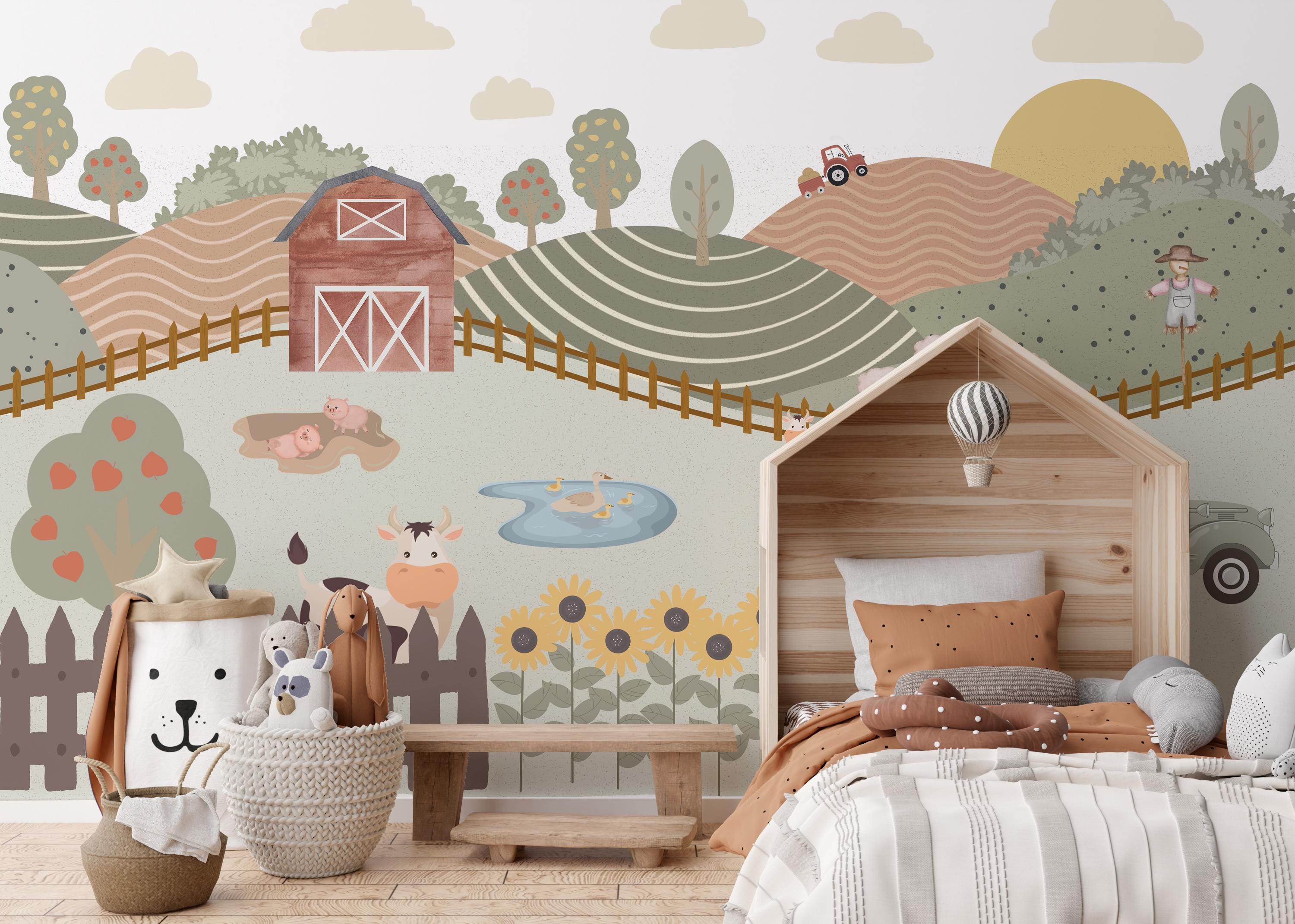 Cartoon Farmhouse Wallpaper Mural: Barnyard Animal Nursery Decor