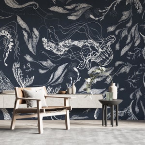 Feanne Oceanic Elegance Wall Mural - Navy Sea Life Design Wallpaper for Home Decor - Enchanting Underwater Elegance for Living Spaces B650