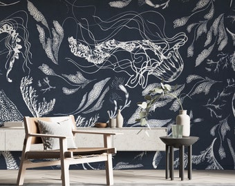 Navy Sea Life Wall Mural: Feanne Oceanic Elegance Wallpaper
