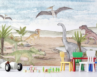 Watercolor Dinosaur Wallpaper: Kids Dino Park Wall Decor